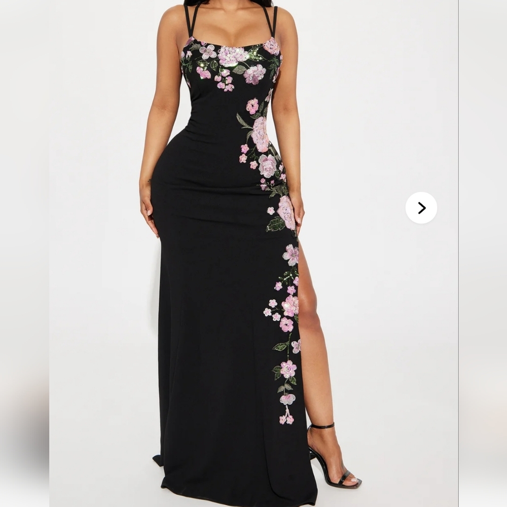 Fashion Nova Black Maxi Dress with Pink Floral Embroidery